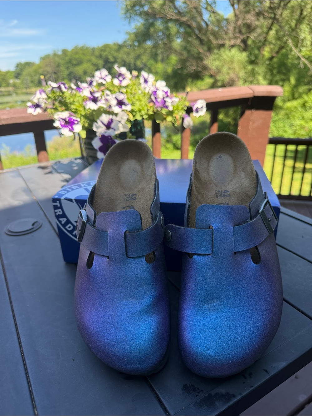 Birkenstock Boston Iridescent Blue purple clogs size 11 42